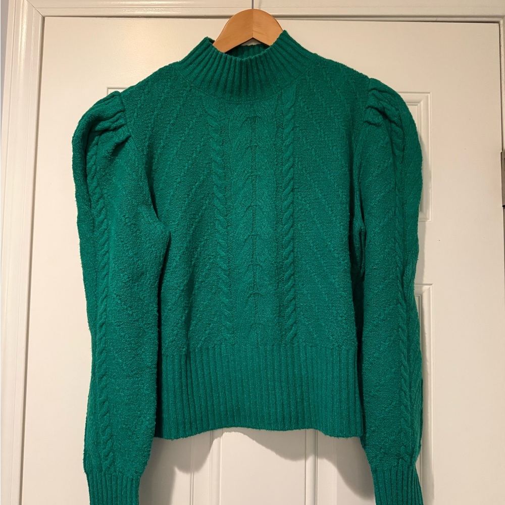 LOFT Green Cowl Neck Sweater with Cable Knit and Puff Sleeves